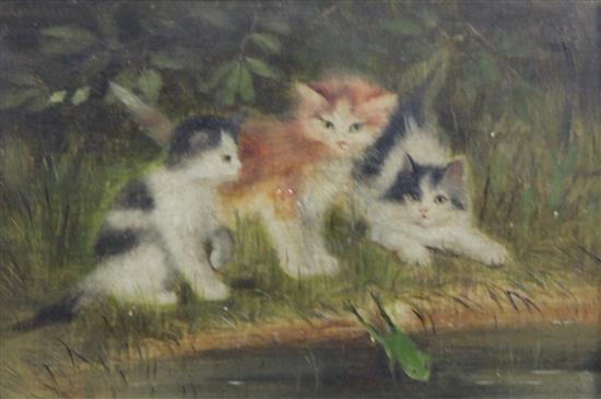 Hedwig Oehring (1855-) Kittens beside a pond, 6 x 9.25in.
